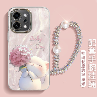 高级感绣球猫咪全包防摔创意镜头膜液态硅胶爆款 适用OPPORENO14Pro手机壳新款 可爱带手链唯美轻奢外壳保护套
