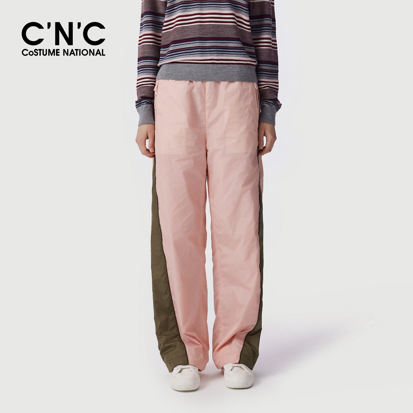 CNC女装拼色侧缝条纹运动裤2026秋冬松紧腰宽松直筒休闲裤