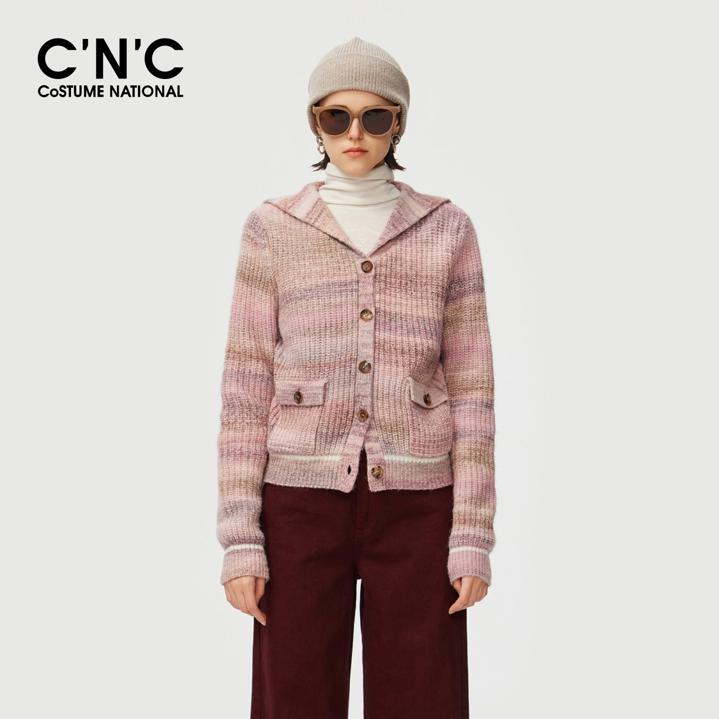 CNC奢侈品女装含羊绒渐变段染毛衣开衫女秋冬海军领百搭针织外套