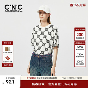 CNC官方正品女装设计感印花圆领T恤女夏季花版老钱风短袖宽松上衣