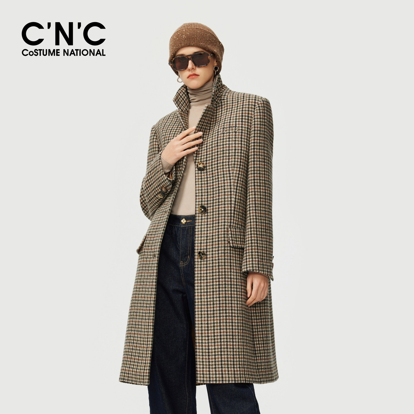 100%羊毛CNC女装复古千鸟格西装领长款毛呢大衣秋冬单排扣外套