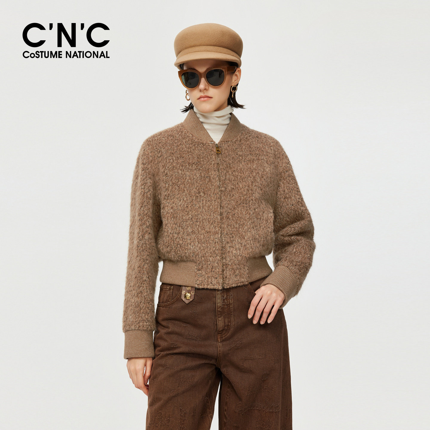 CNC女装罗纹棒球领含羊毛收腰短外套秋冬杂色毛呢夹克外套女