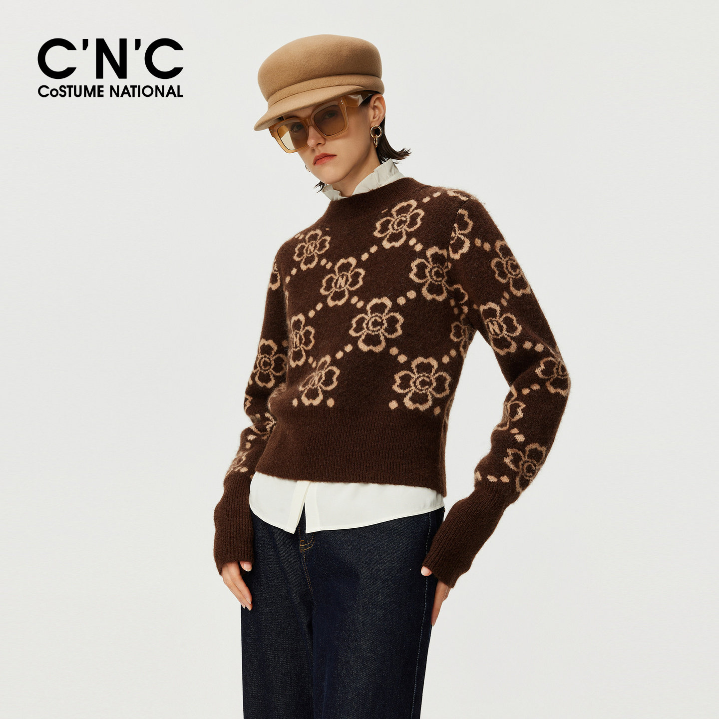 CNC女装满身提花logo含马海毛复古毛衣女秋冬圆领套头针织衫
