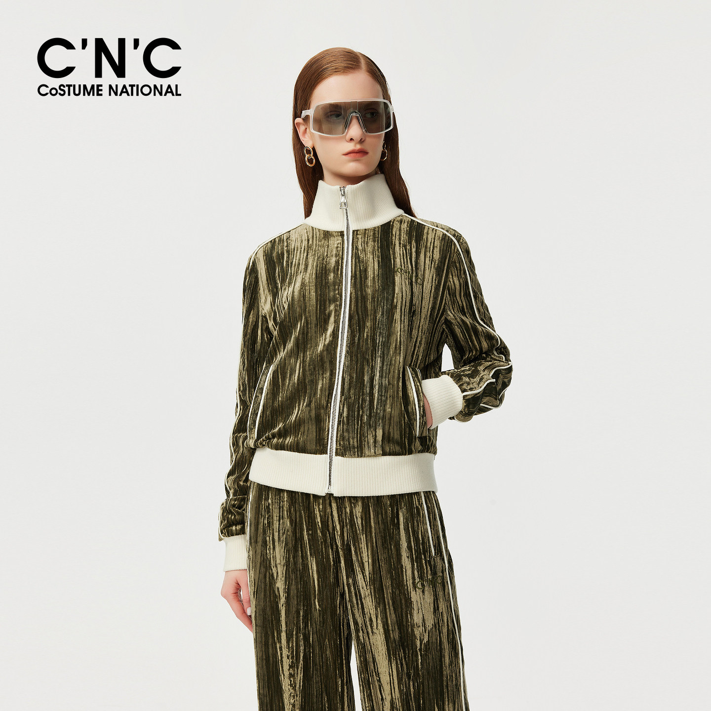 CNC女装复古灯芯绒运动立领短外套秋冬拼色罗纹休闲丝绒短款夹克