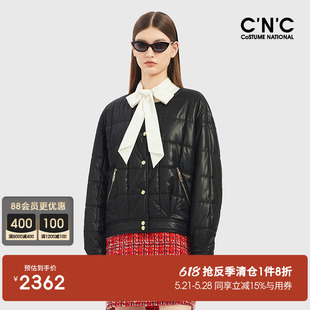 CNC女装 黑色复古皮衣女2023秋冬新款 大牌轻奢无领加厚夹克外套女