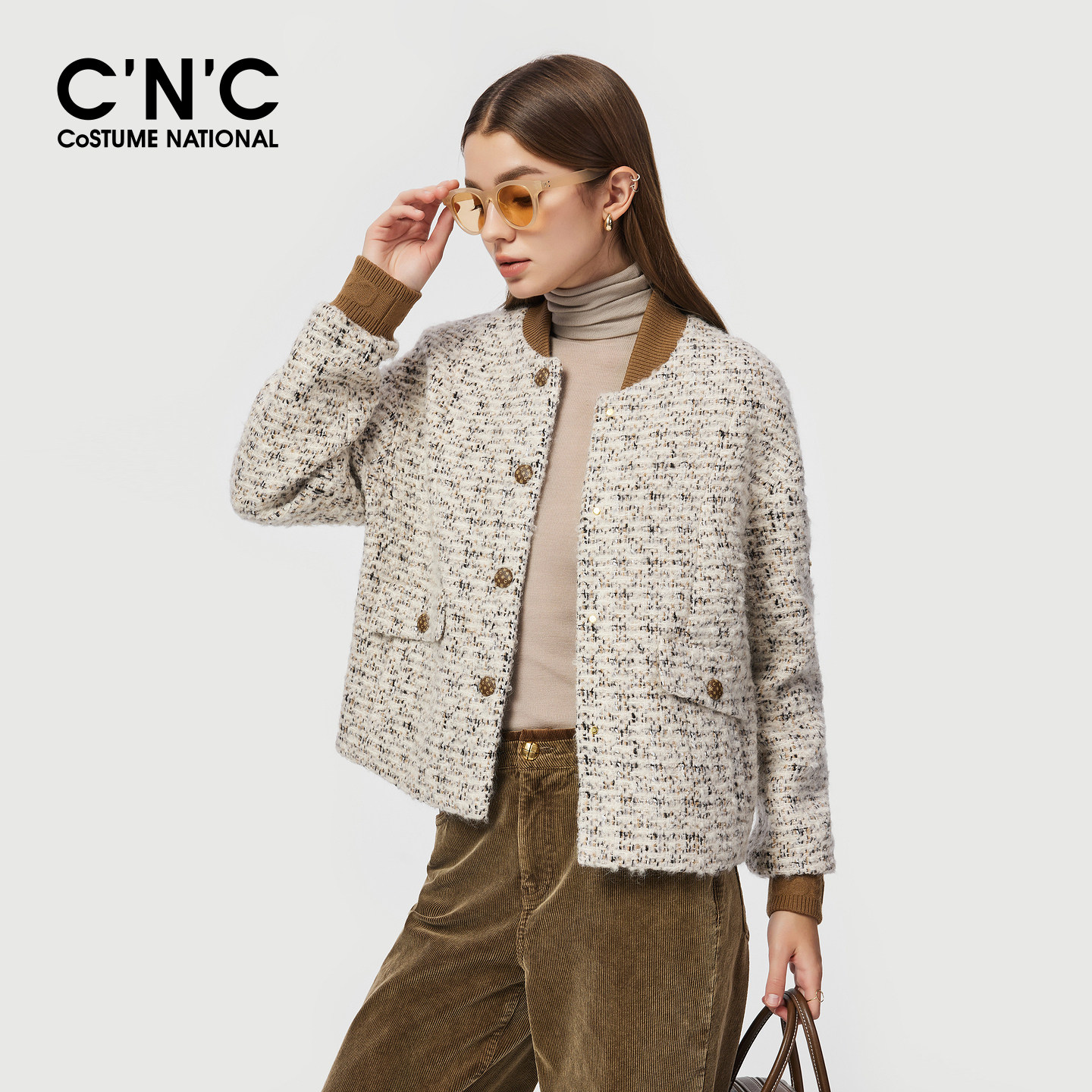 CNC女装撞色罗纹棒球领小香风短外套秋冬杂色粗花纱毛呢外套女