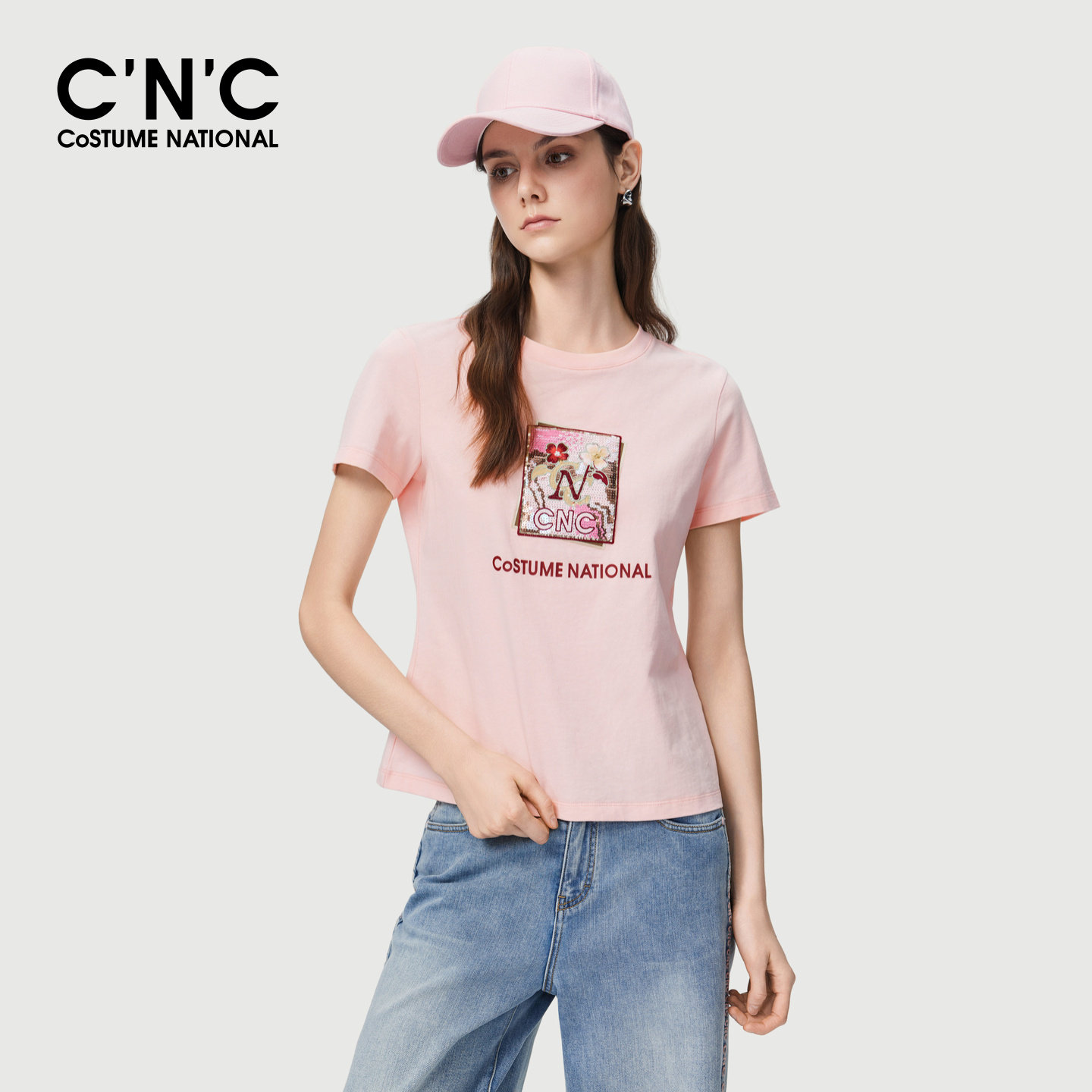 【100%纯棉】CNC女装2026夏季浅粉色重工亮片图案减龄圆领短袖T恤
