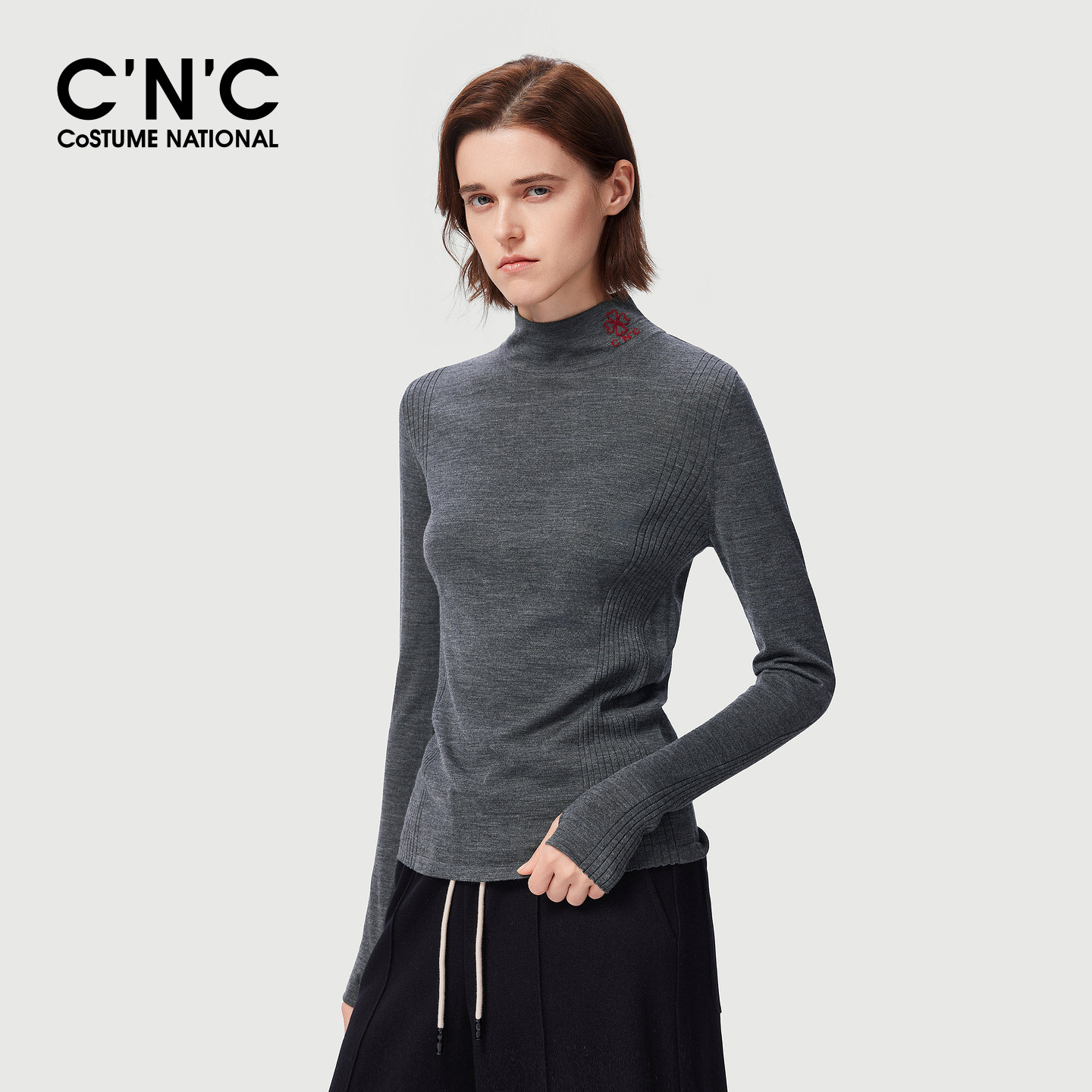 C'N'C[100%绵羊毛]高端灰色半高领羊毛衫女秋冬打底百搭针织衫