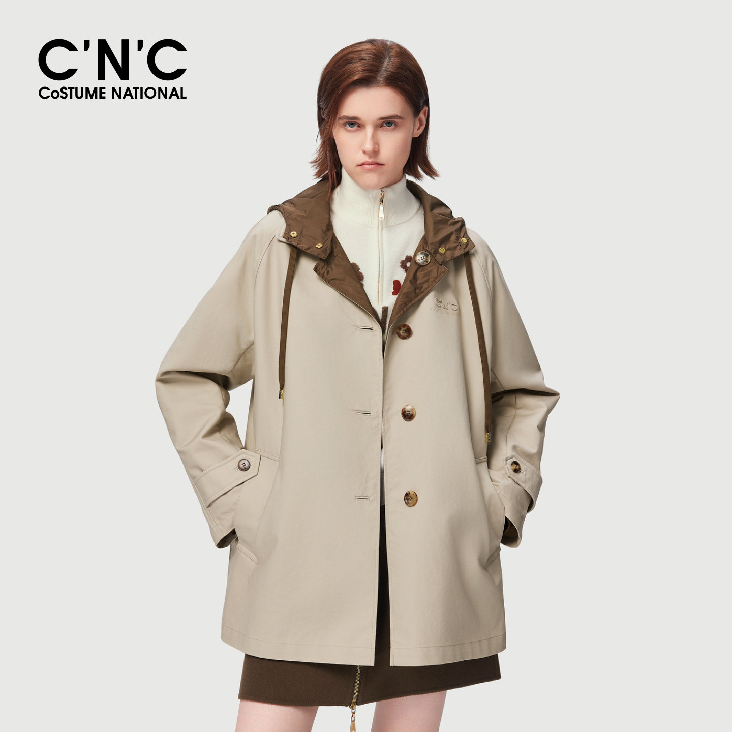 CNC女装双面穿连帽短款风衣2026秋冬单排扣宽松休闲工装风外套
