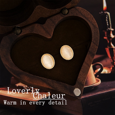 法式复古几何椭圆玻璃猫眼石耳钉