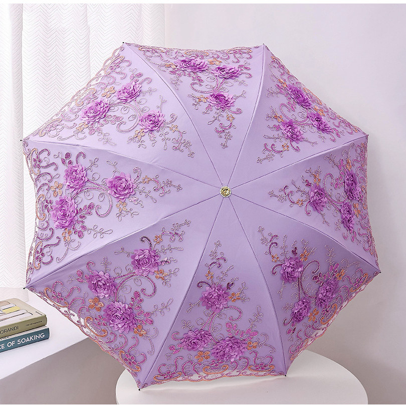 蕾丝刺绣太阳伞女高档绣花防晒防紫外线黑胶遮阳伞三折叠两用雨伞