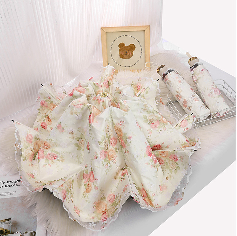 蕾丝太阳伞防晒防紫外线双层遮阳伞黑胶花边洋伞小清新三折叠两用