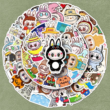 100张LABUBU拉布布可爱小麻薯贴纸高颜值咕卡手帐DIY素材装饰行李箱iPad头盔桌面笔记本电脑水杯文具防水贴纸