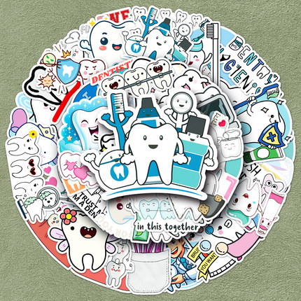 100张爱护牙齿创意DIY贴纸卡通拟人保护牙齿Q版防水无痕彩绘涂鸦个性装饰水杯笔记本电脑手机壳手账咕卡贴纸