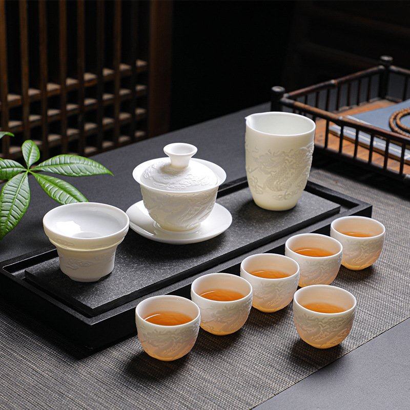 德化羊脂玉瓷茶具套装龙凤浮雕功夫茶具礼盒商务加印LOGO简约礼盒,餐饮具,淘宝优惠券,粉丝福利购,淘宝优惠卷