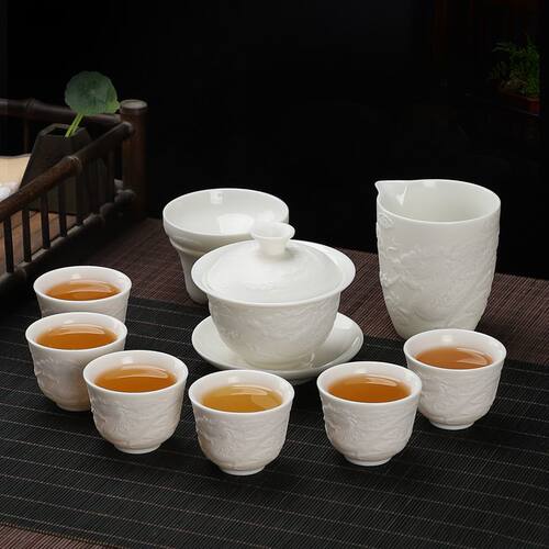 羊脂玉功夫茶具套组家用客厅轻奢中式办公室素烧高档白瓷盖碗茶杯