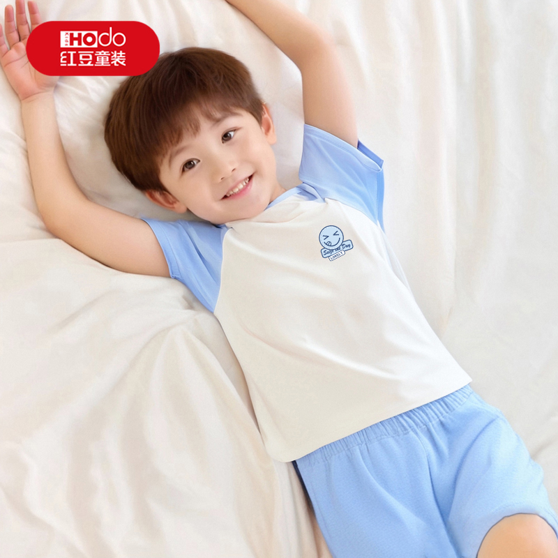 红豆男童睡衣夏2025新款薄款空调服男孩纯棉短袖中大童儿童家居服