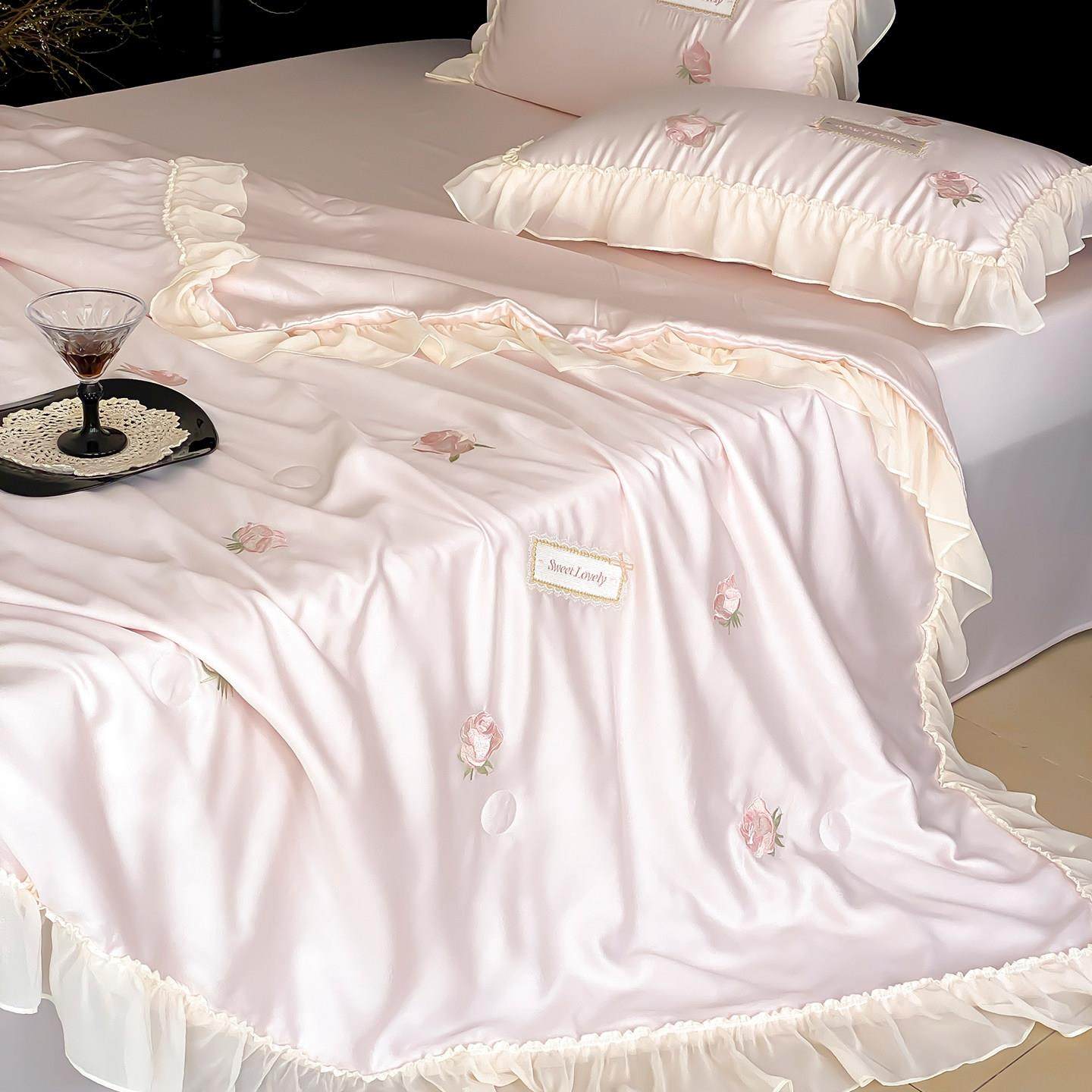 木悠夏季凉感天丝夏凉被四件套少女心花边刺绣空调被可机洗薄被子,床上用品,化纤被,淘宝优惠券,粉丝福利购,淘宝优惠卷