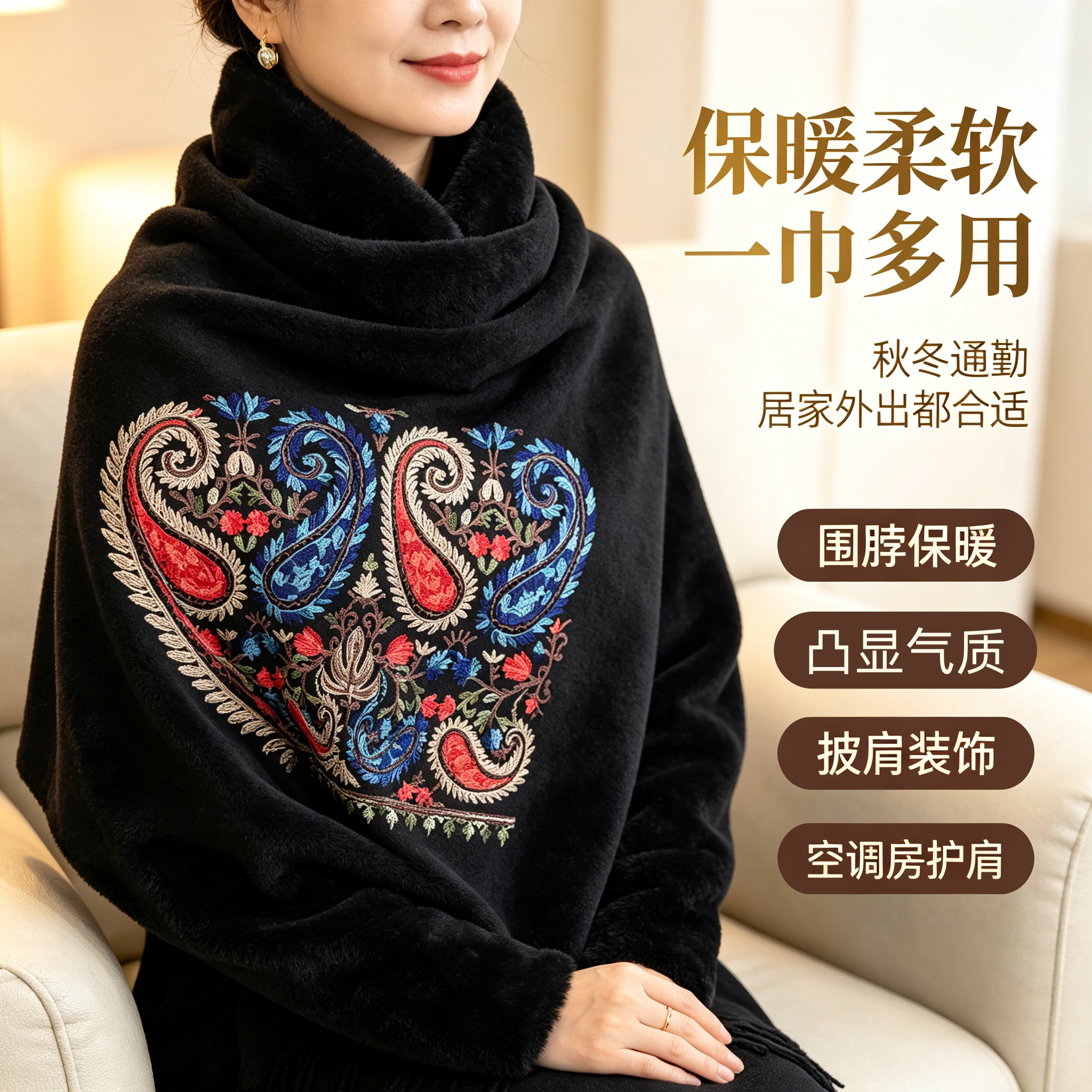 中年女士刺绣披肩围巾秋冬季保暖加厚大披肩外搭端庄优雅妈妈围脖