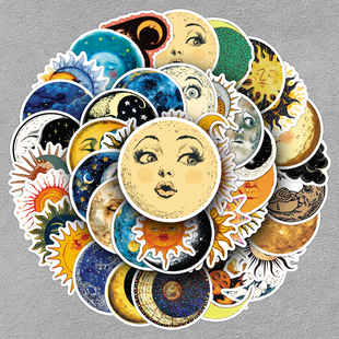 100张复古奇幻日月星云贴纸卡通梦幻diy风琴书头盔咕卡高颜值贴纸