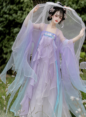 新款唐制汉服女古装齐胸襦裙紫色中国风仙气飘飘大袖衫日常汉元素