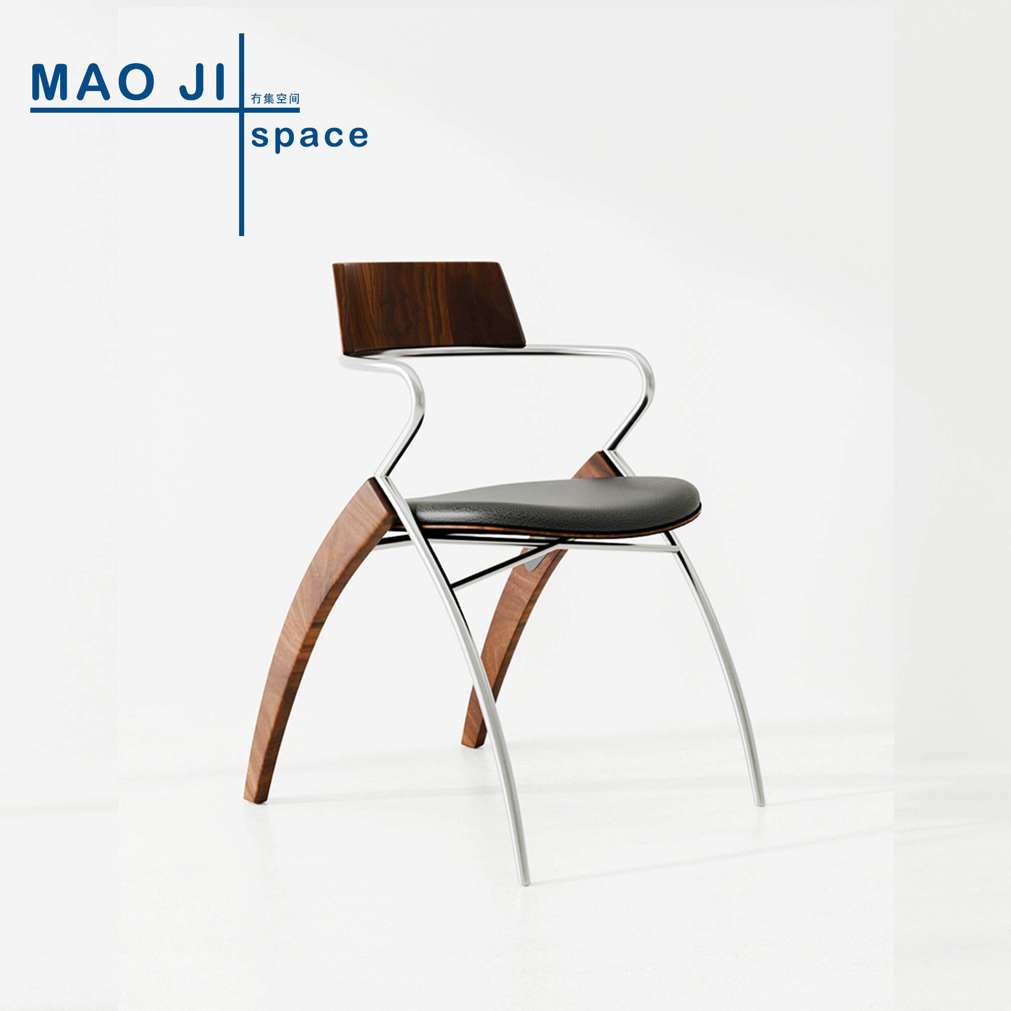 冇集空间 | 意式包豪斯不锈钢实木扶手餐椅中古风设计师靠背椅子