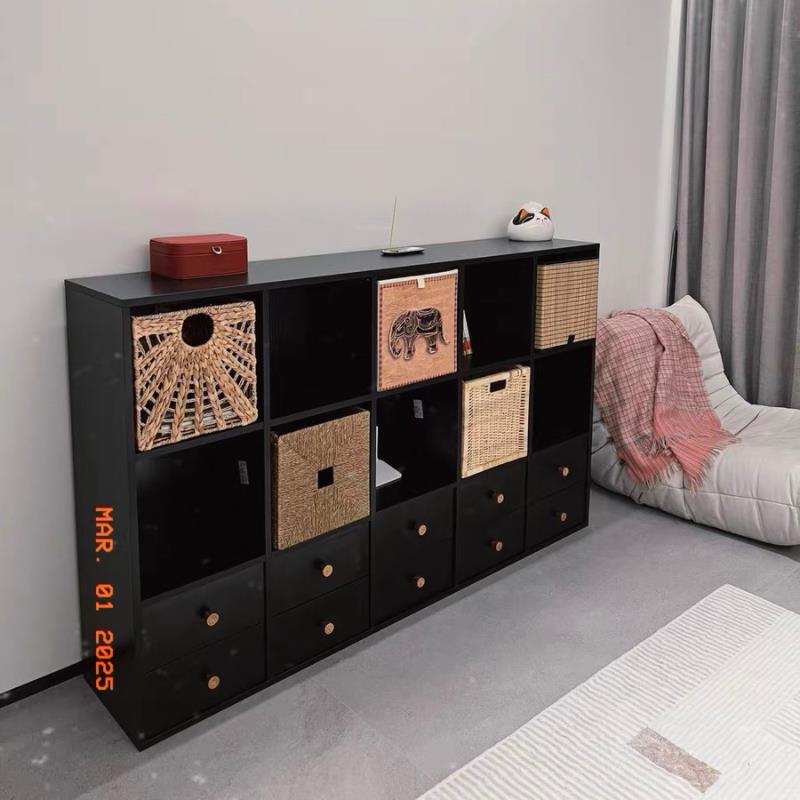 定制实木格子柜书架落地置物架矮柜书柜家用收纳柜一体靠墙方格柜