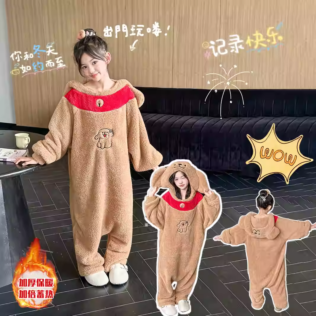 2025新款可爱连体儿童睡衣男女秋冬季加厚保暖连帽睡袍亲子家居服
