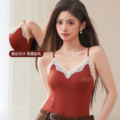 轻熟性感V领蕾丝花边保暖内衣吊带背心女内搭带胸垫一体打底上衣