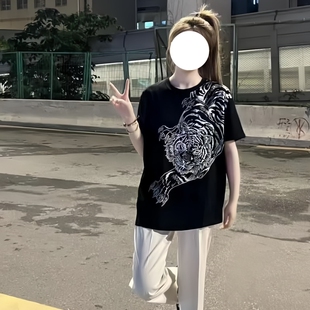 酷帅社会精神小伙混的人短袖高街下山虎印花T恤潮流牌休闲百搭痞2