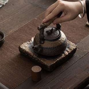 鎏金铁釉粗陶茶壶小号单壶家用泡茶器 麻绳手把枯木提梁壶日式