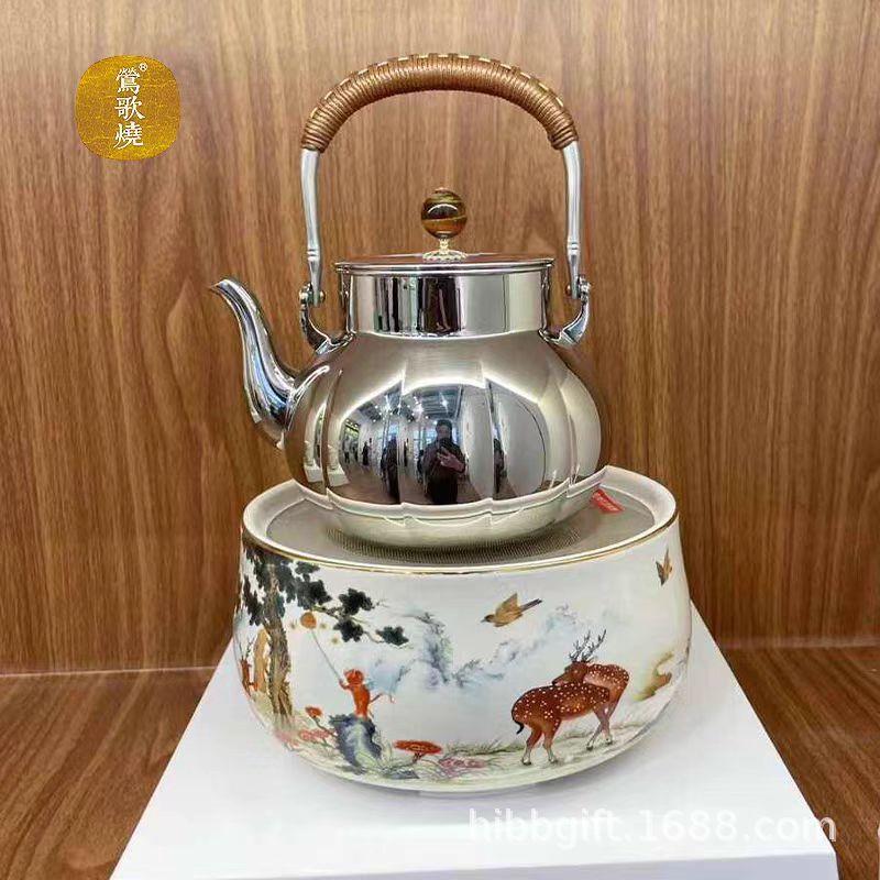 新品莺歌烧电陶炉国风粉彩朱竹图福禄封侯静音煮茶炉无线遥控开关