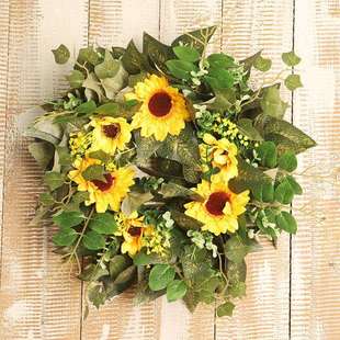 春夏人造仿真向日葵桉树叶花环塑料圈 春天家居装饰尤加利门挂
