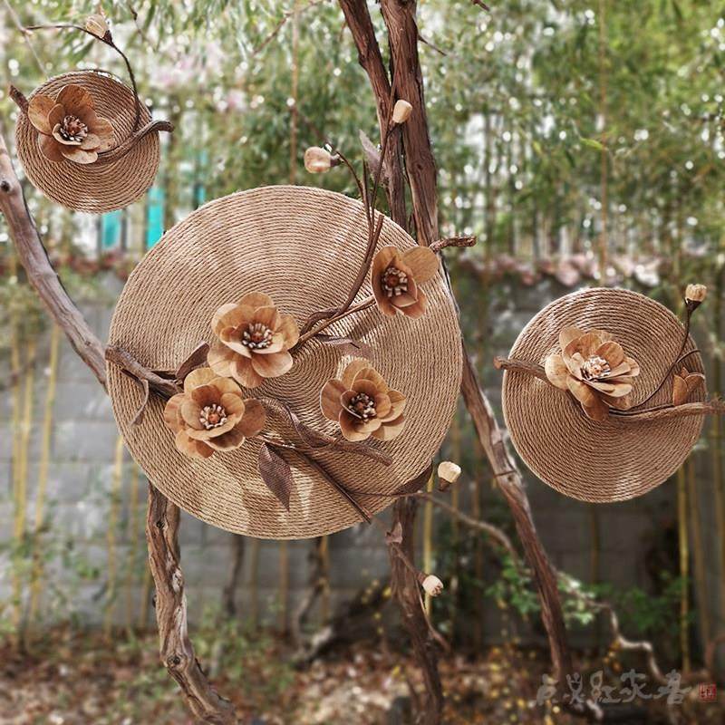 金玉兰麻绳圆形装饰画禅意新中式家居壁饰壁挂干花挂件民宿墙饰,家居饰品,壁饰,淘宝优惠券,粉丝福利购,淘宝优惠卷
