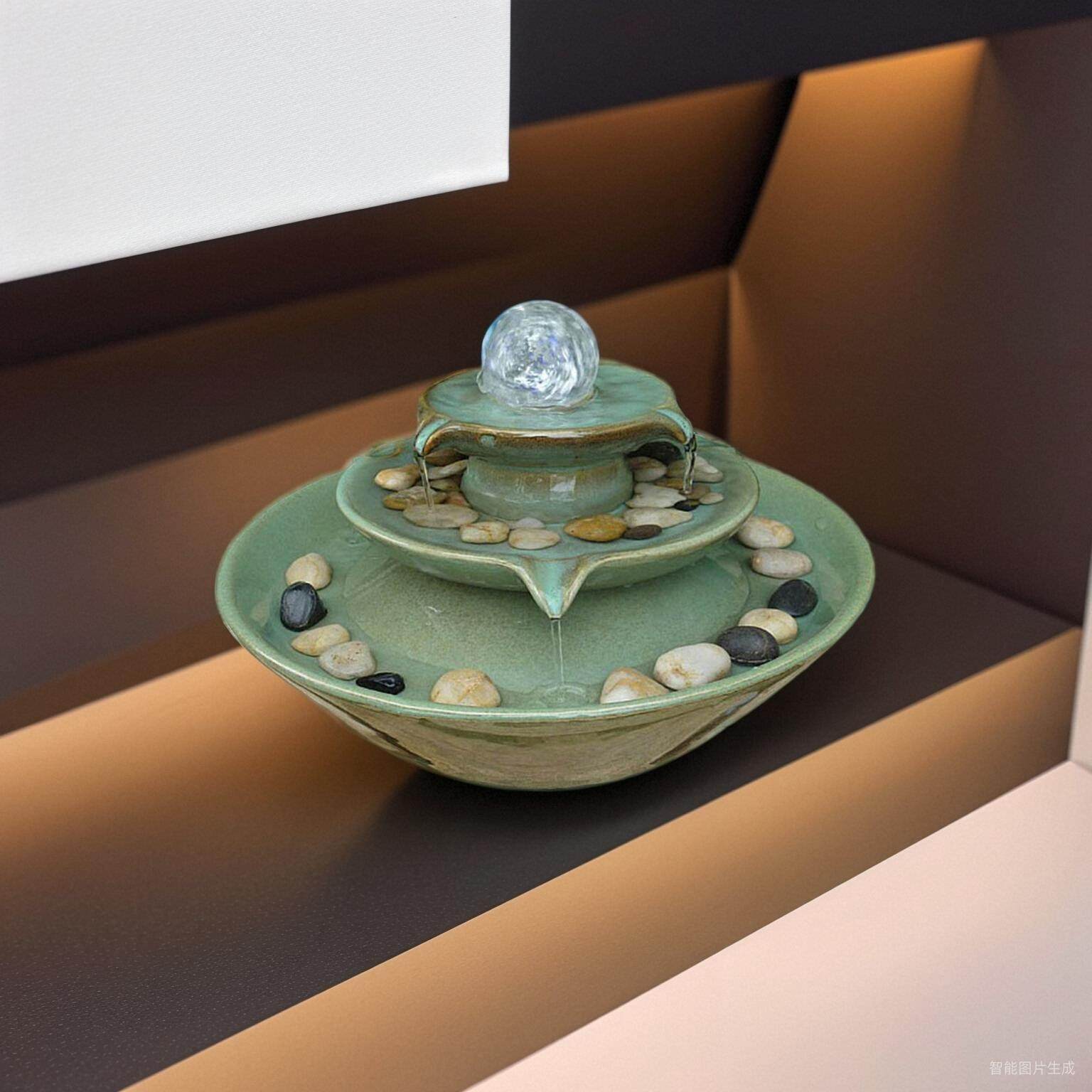 欧式蓝色陶瓷喷泉流水器家居客厅柜台桌面水景水晶球室内装饰摆件,家居饰品,装饰摆件,淘宝优惠券,粉丝福利购,淘宝优惠卷