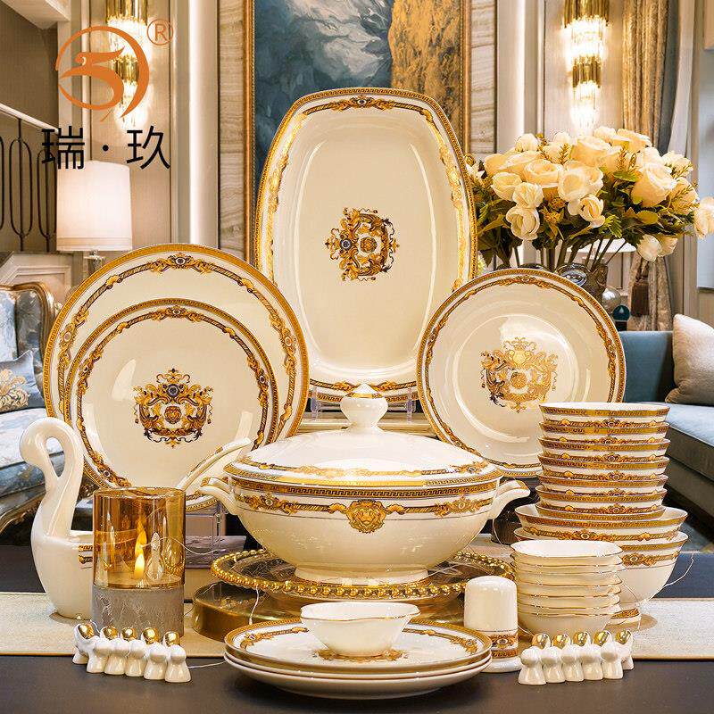 轻奢骨瓷餐具碗碟套装家用60头乔迁礼物餐具欧式酒店餐具套组碗盘