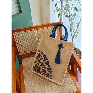 中国结黄麻购物袋女士挎包肩包红色亚麻袋女士大容量书包定制