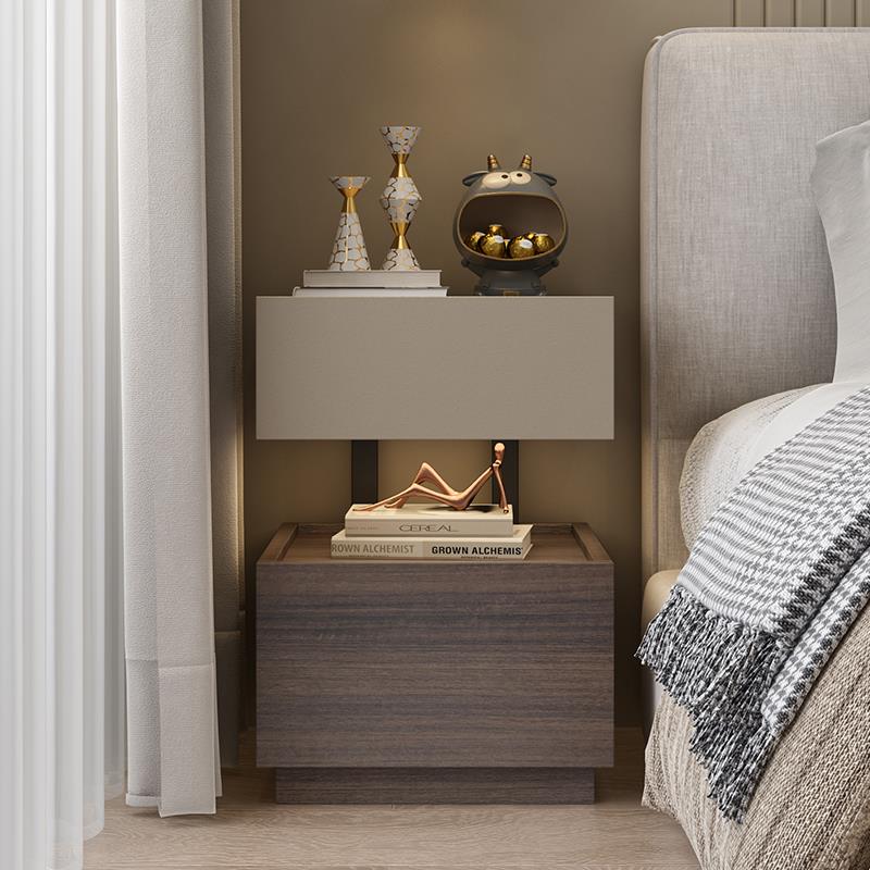 现代简约家用卧室床头柜轻奢意式带感应氛围灯拼接色多层实木柜子