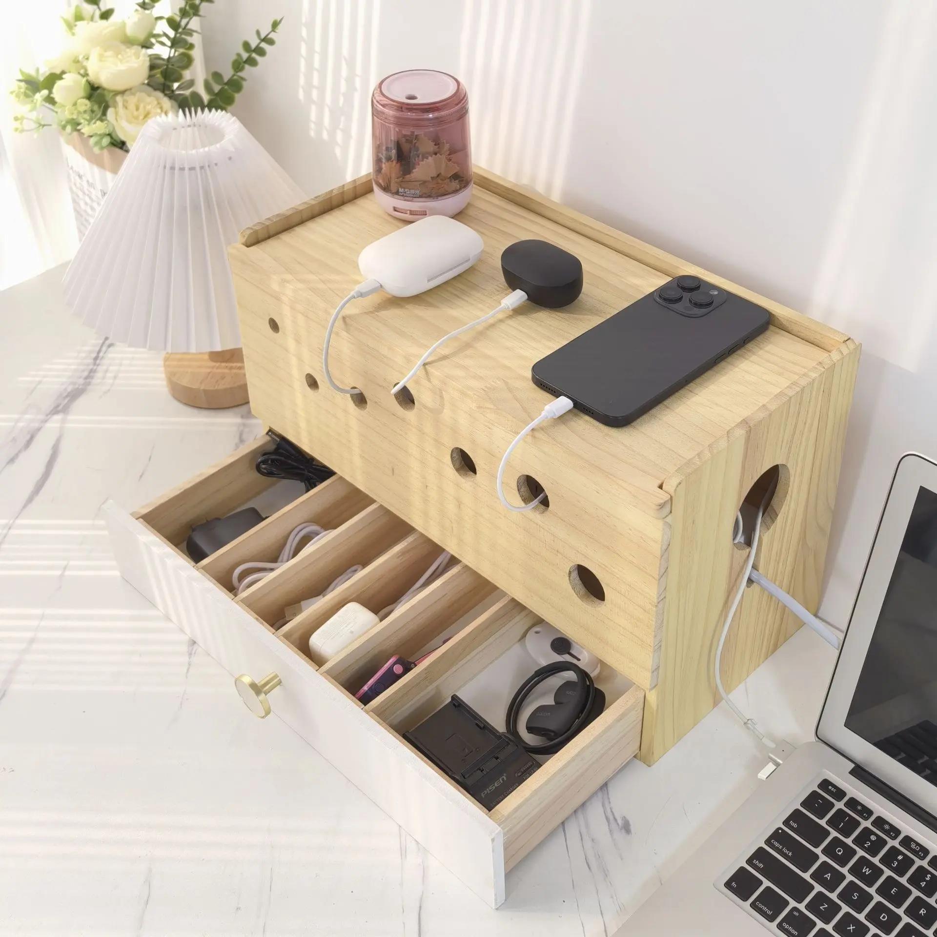 便携家用插排插座电线整理集线盒多功能电源充电器收纳盒实木数据