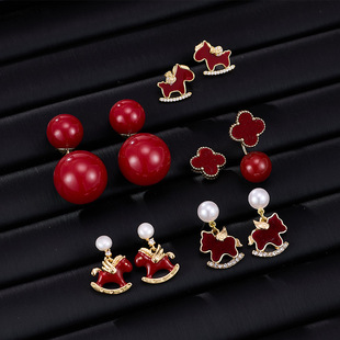 马年喜庆植绒红色小马珍珠耳环马上有钱飞马耳钉感锆石耳饰女