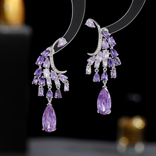 s925银针轻奢感耳饰品超闪锆石镶嵌孔雀翎羽毛水滴耳环女