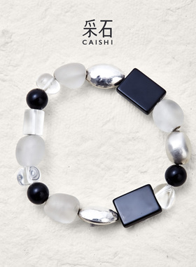 采石studio｜原创「墨白」磨砂白水黑玛瑙手链简约高级时尚