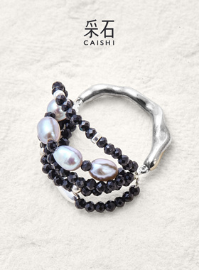 采石studio｜原创【叠线星语】黑尖晶珍珠百搭高级多层戒指时髦女