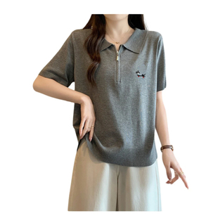905复古休闲短袖 针织衫 女夏季 刺绣polo领夏天加宽加大女装