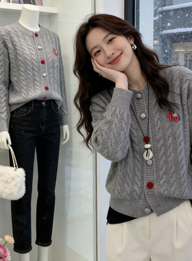 【大码】miu系千金慵懒风蝴蝶结套头麻花设计感灰色上衣秋冬B107