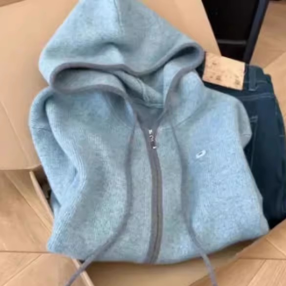 连帽拉链针织开衫女秋新蓝色外套