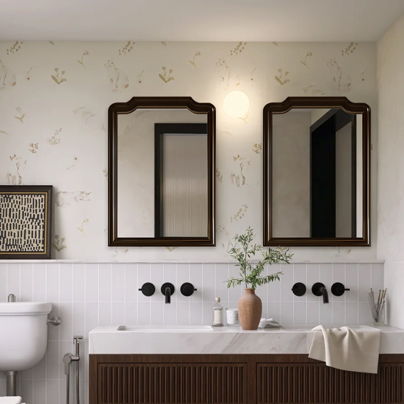 复古智能卫浴镜梳妆台桌面木质边框卧室化妆镜中古壁挂墙面装饰镜