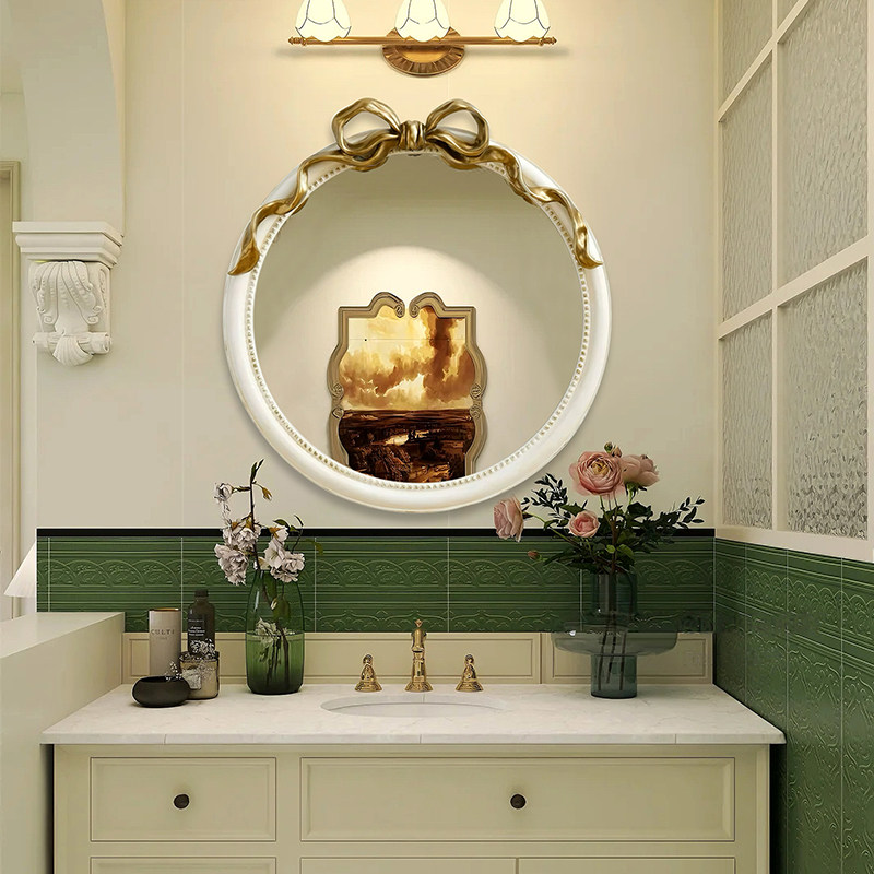 法式智能led浴室镜家用玄关壁炉装饰镜蝴蝶结雕花壁挂高清化妆镜