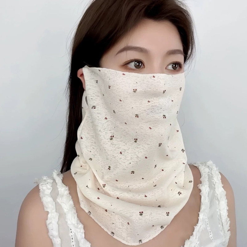 小碎花防晒挂耳面罩女士夏季呼吸全脸骑车口罩遮阳面纱护脖颈薄纱