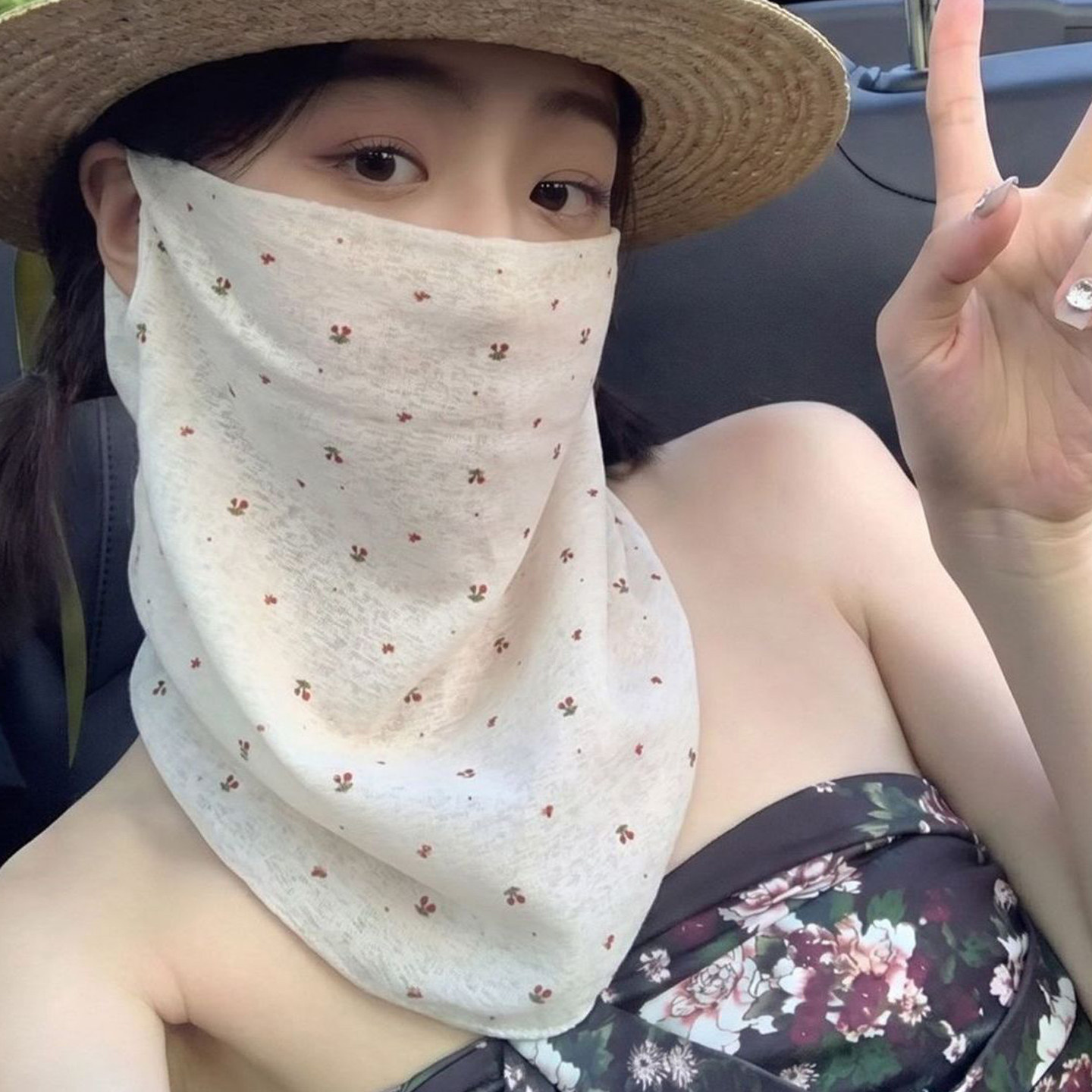夏季碎花防晒面罩女全脸防紫外线薄款遮脸面纱口罩开车护颈脖子
